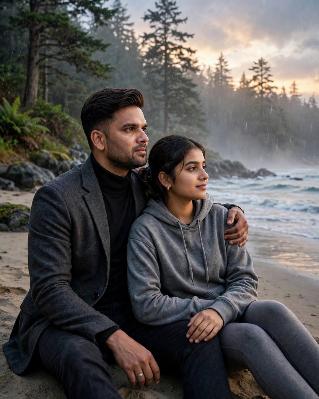 Reunited couple sitting on a misty beach at golden hour, waves rolling in