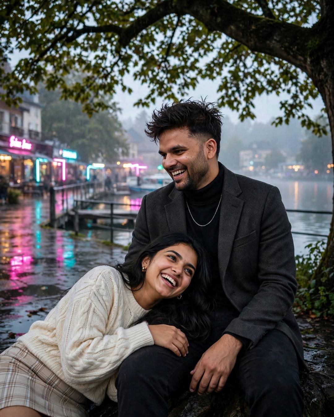 Couple sharing one umbrella on a rainy neon-lit lake pier, laughing together