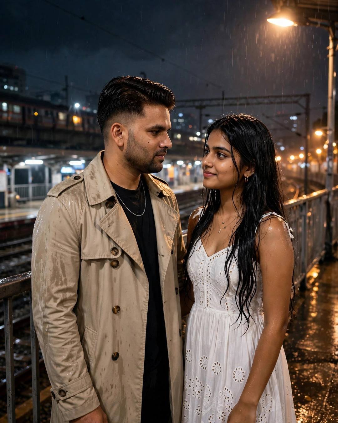 Couple dancing a slow waltz on a rainy railway platform at midnight, man in trench coat, woman in white dress