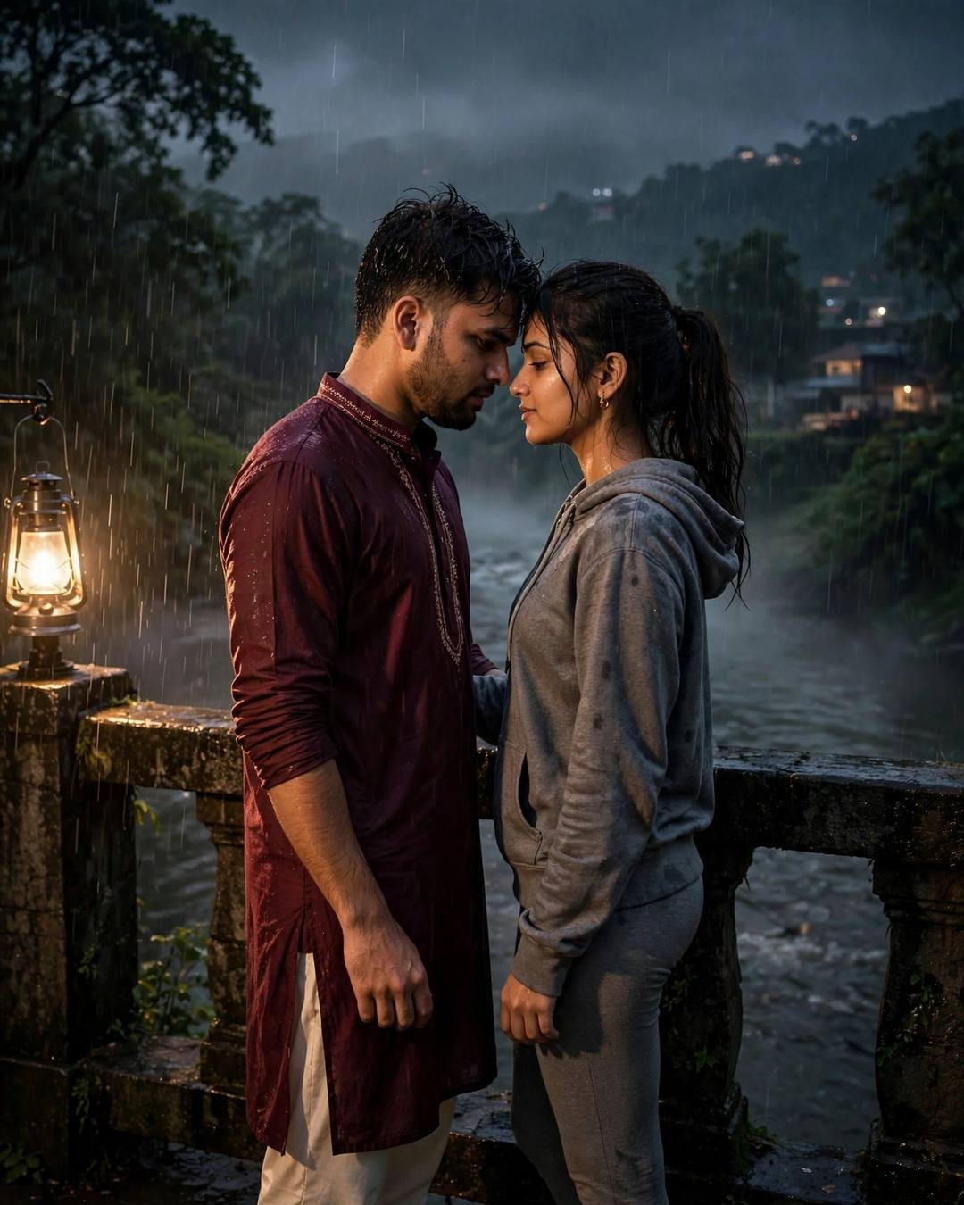 Couple face to face on a bridge over a river at midnight in drizzle, man in maroon kurta, lantern glowing