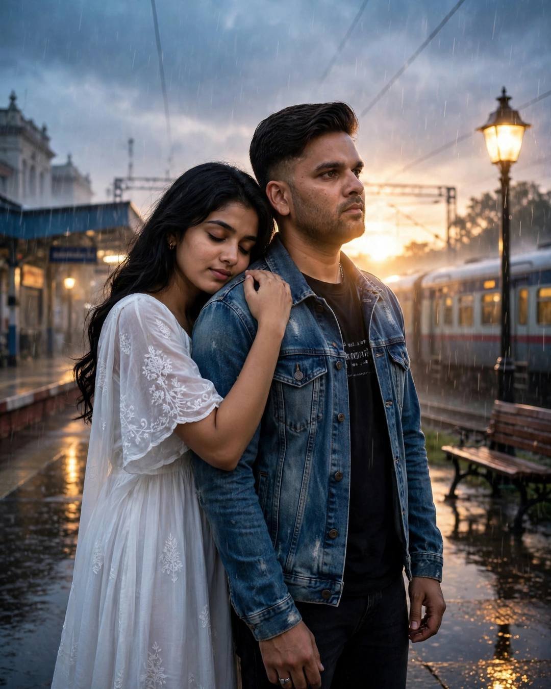 Couple hugging on a rainy railway platform, woman in white dress with head on man's shoulder, rainbow in the sky