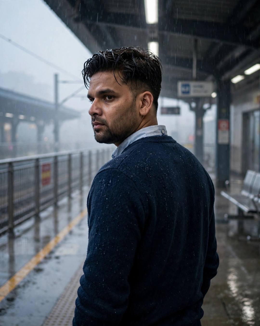 Man in navy sweater looking over shoulder on a rainy metro platform