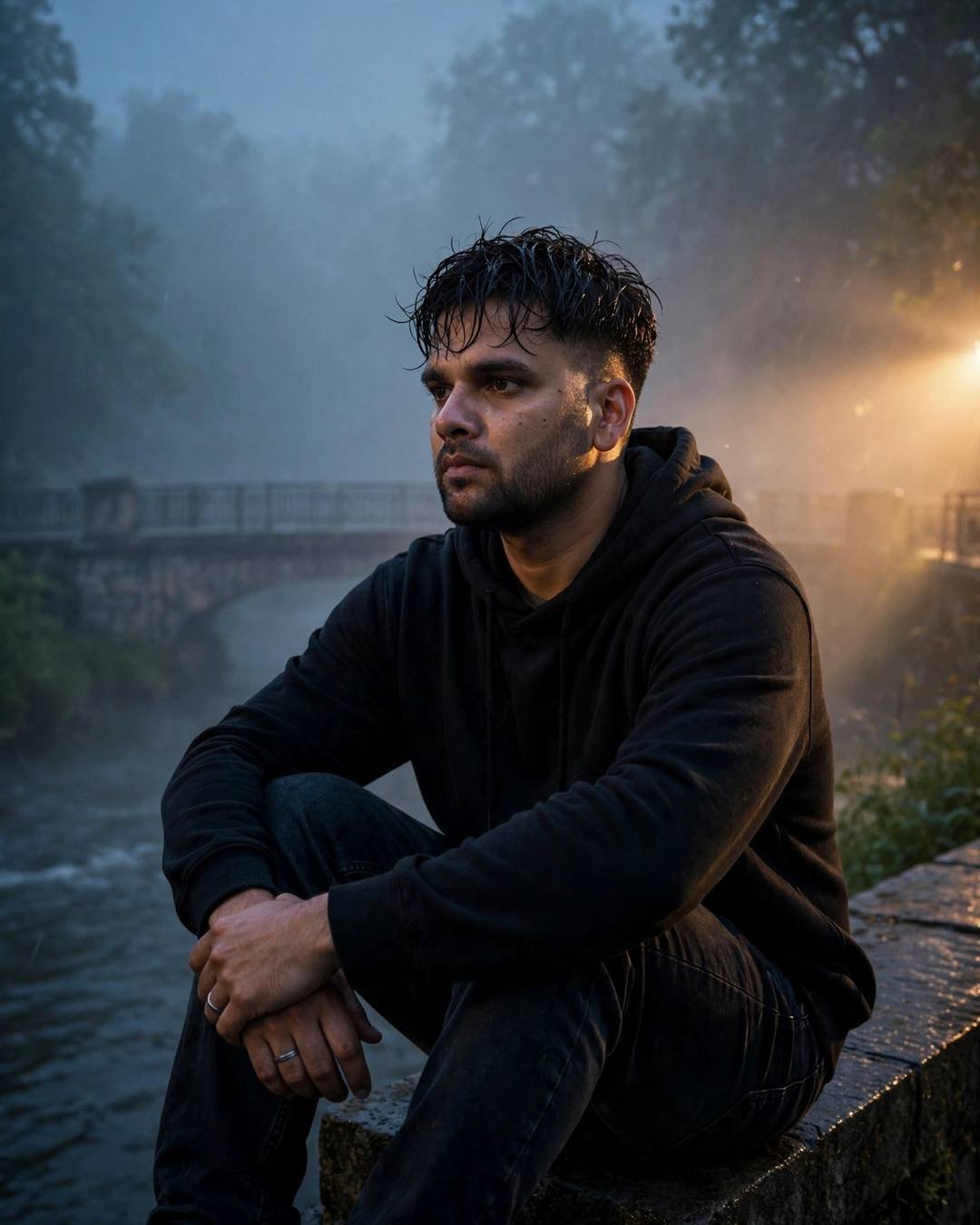 Young man sitting with knees drawn up on a bridge over a foggy river at dusk, black hoodie