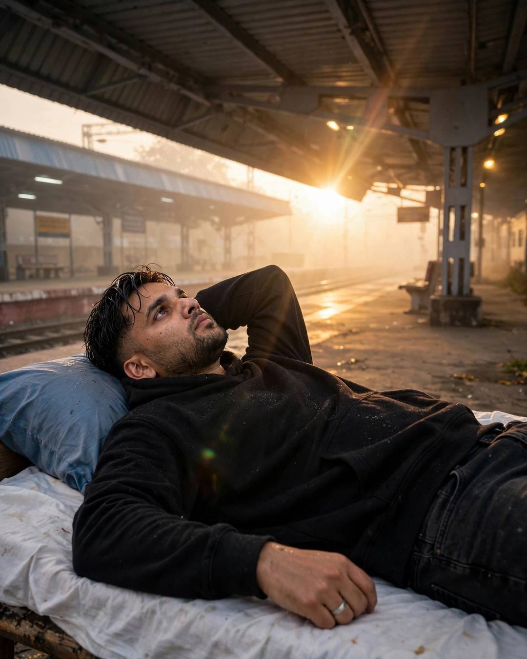 Sad young Indian man in black hoodie lying on a platform bed at dawn, staring at the ceiling