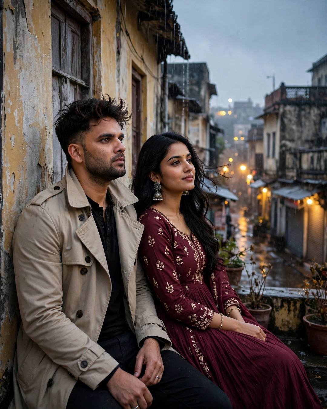 Sad couple on a rooftop at night sitting back to back, old city glowing below