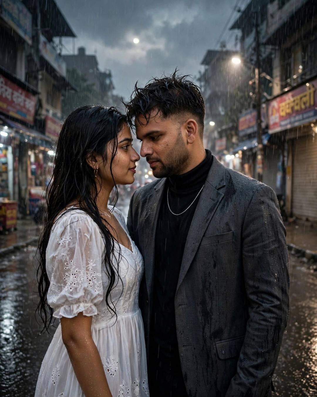 Couple face to face in monsoon rain, foreheads almost touching, on a city street