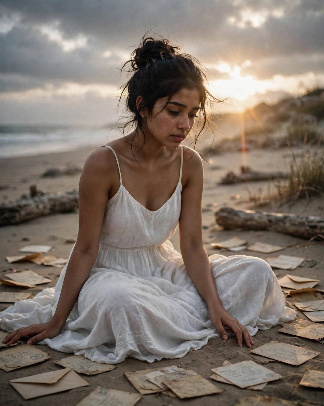Young Indian woman in white dress sitting among old letters on a beach at dusk