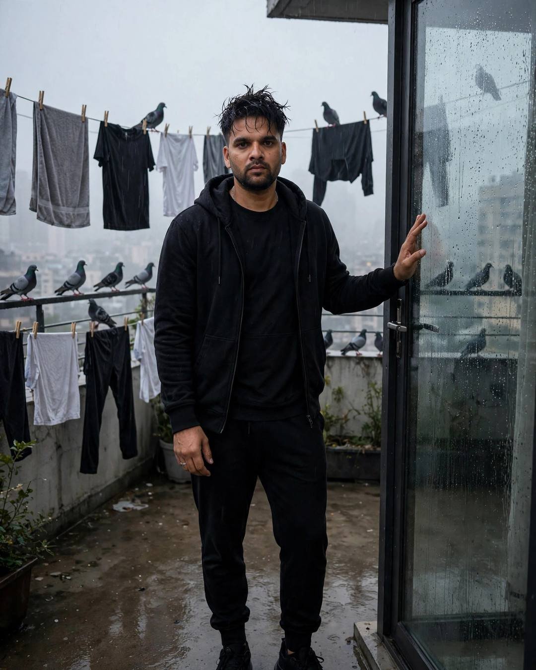 Sitting on wet pavement with elbows on — all-black streetwear with sneakers, towel-dried tousled hair standing at a rain-streaked window, one hand on the glass
