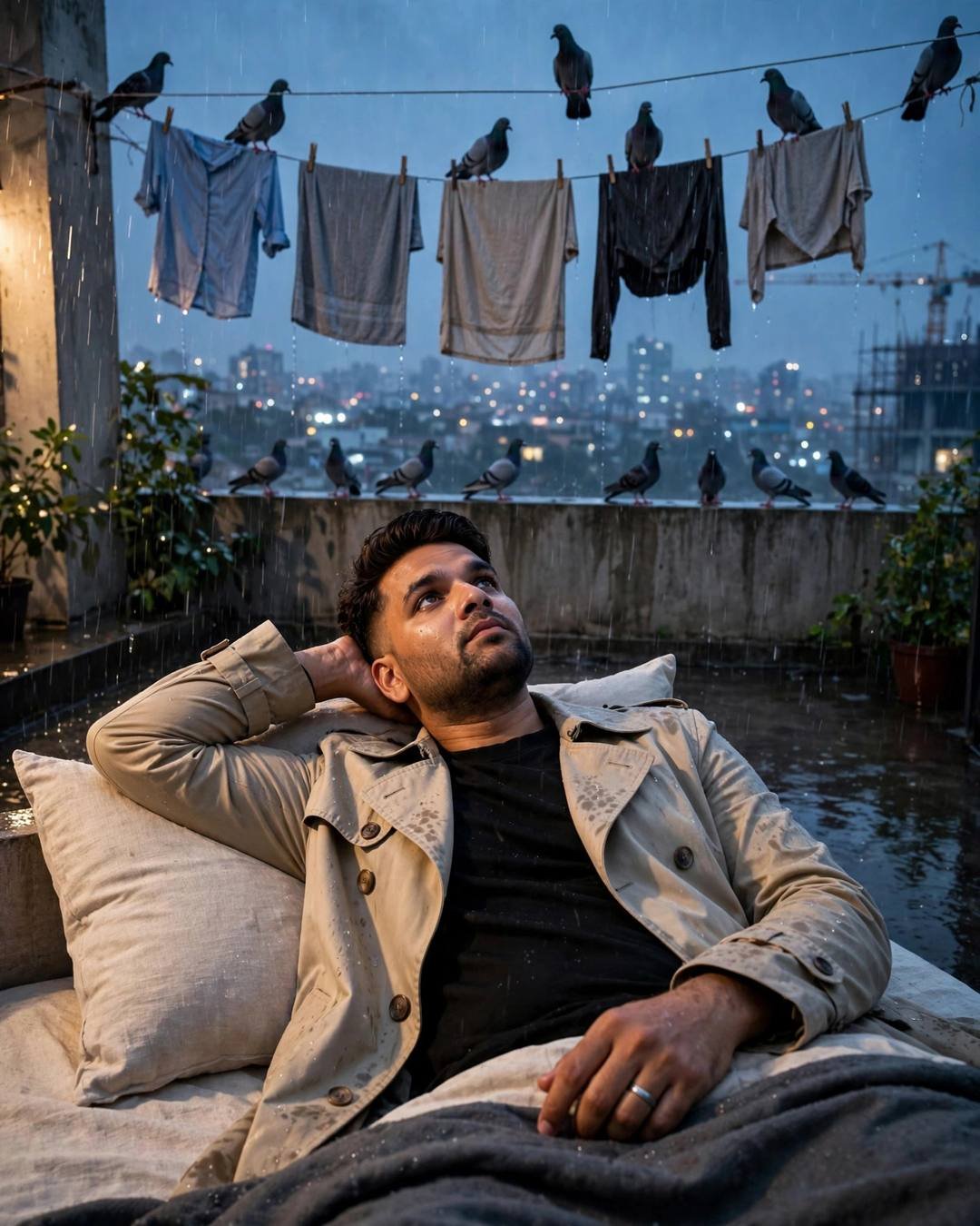 Running down a shuttered market lane while — beige trench coat over dark layers, neatly combed side part lying on the bed staring at the ceiling, one arm behind head
