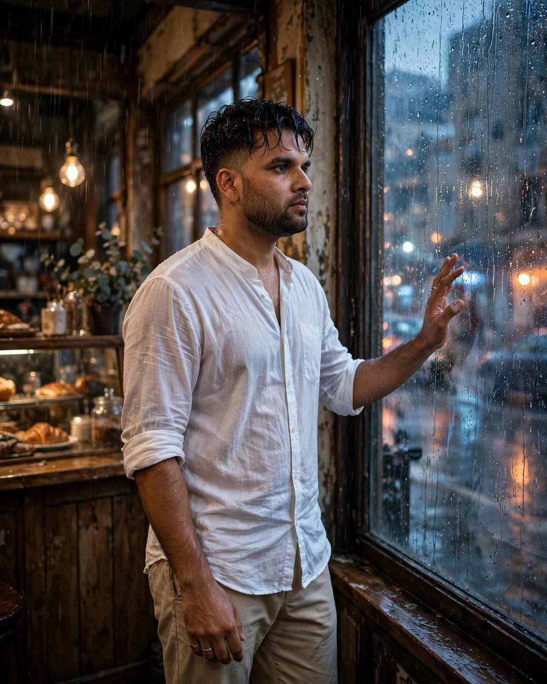Chasing a drifting paper plane through a — white linen shirt with rolled sleeves, beige trousers, damp rain-wet hair standing at a rain-streaked window, one hand on the glass