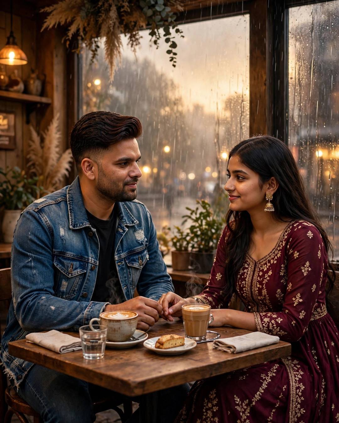 Couple at a cafe table by a rain-streaked window, man in denim jacket, woman in maroon anarkali with jhumkas