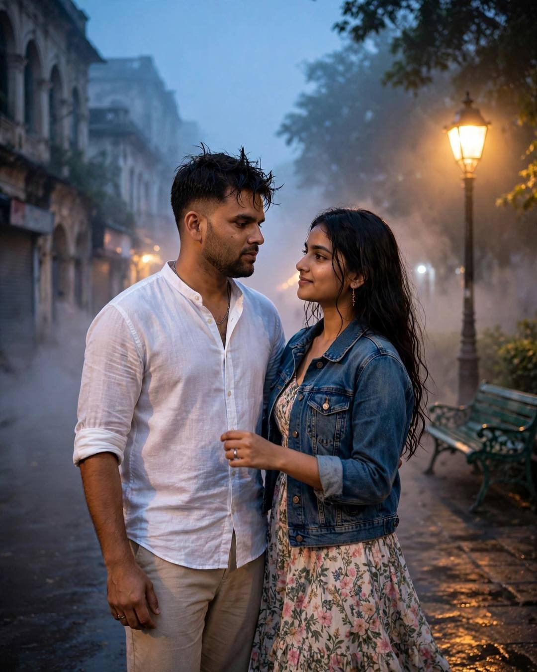 His hand on her back as she — white linen shirt with rolled sleeves, beige trousers, towel-dried tousled hair dancing slowly in an empty street under streetlights