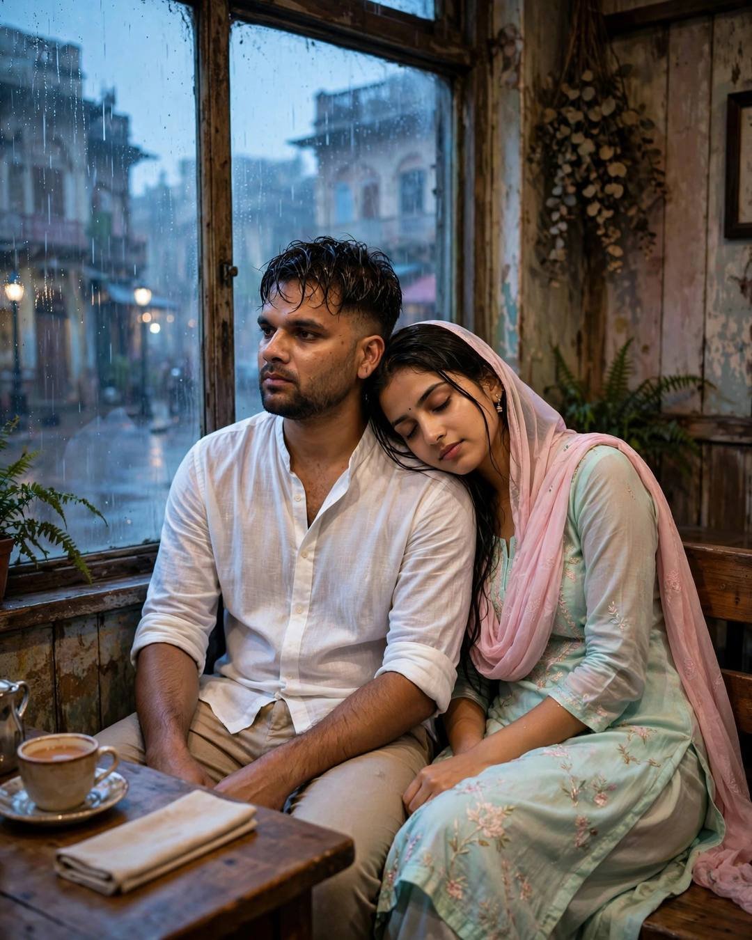 Matching bandhani at a folk fair — white linen shirt with rolled sleeves, beige trousers, damp rain-wet hair sitting close on a bench, her head resting on his shoulder