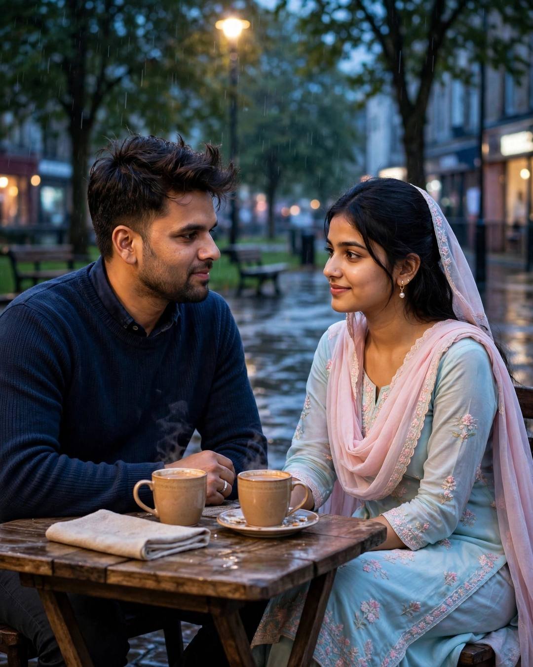 AI-generated cinematic portrait: Walking home together in soft silence, their