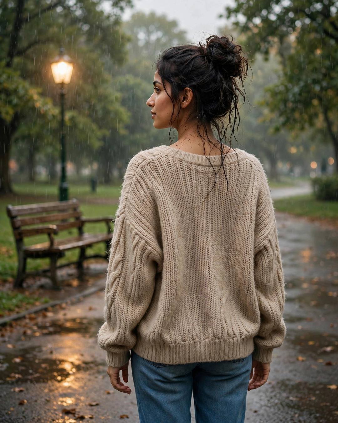 Young Indian woman in a beige sweater glancing over her shoulder at a lamp-lit park bench in the rain