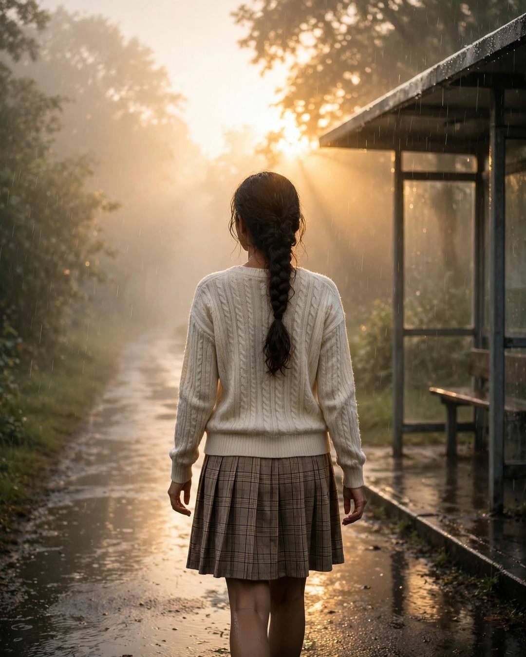 Young Indian woman in a cream knit top and plaid skirt walking away down a rainy path in golden fog
