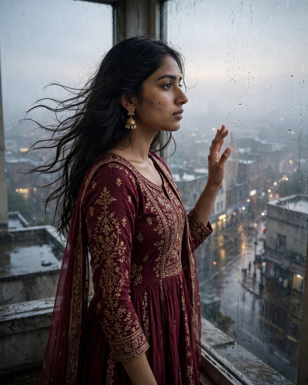 Young Indian woman in a maroon anarkali with her hand on a rain-streaked window above city lights