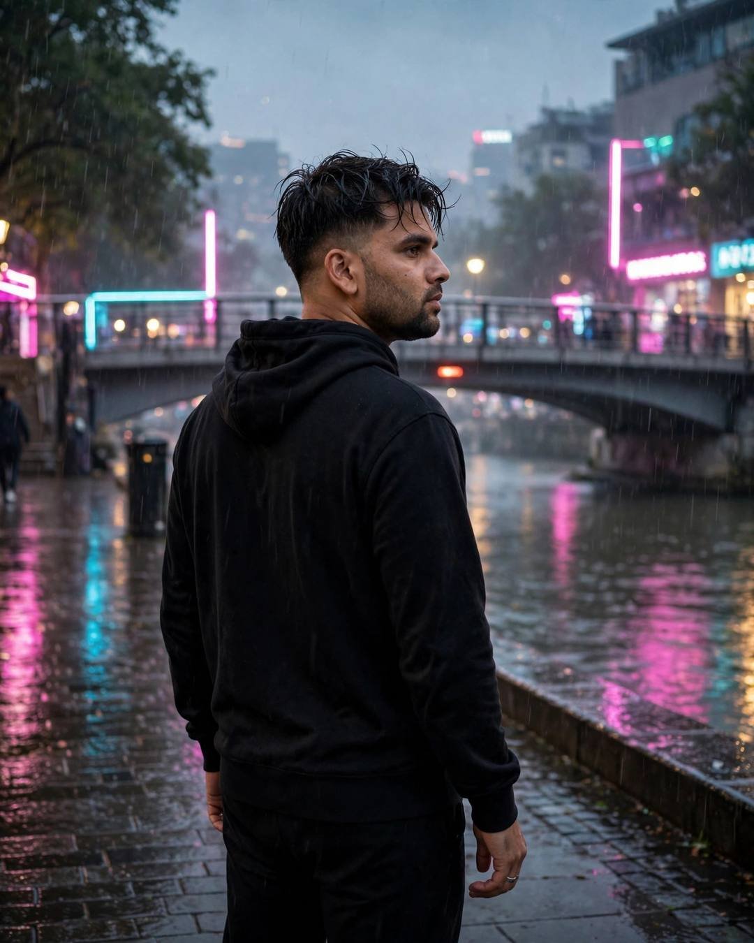Young man in black streetwear glancing over his shoulder on a neon-lit rainy riverside