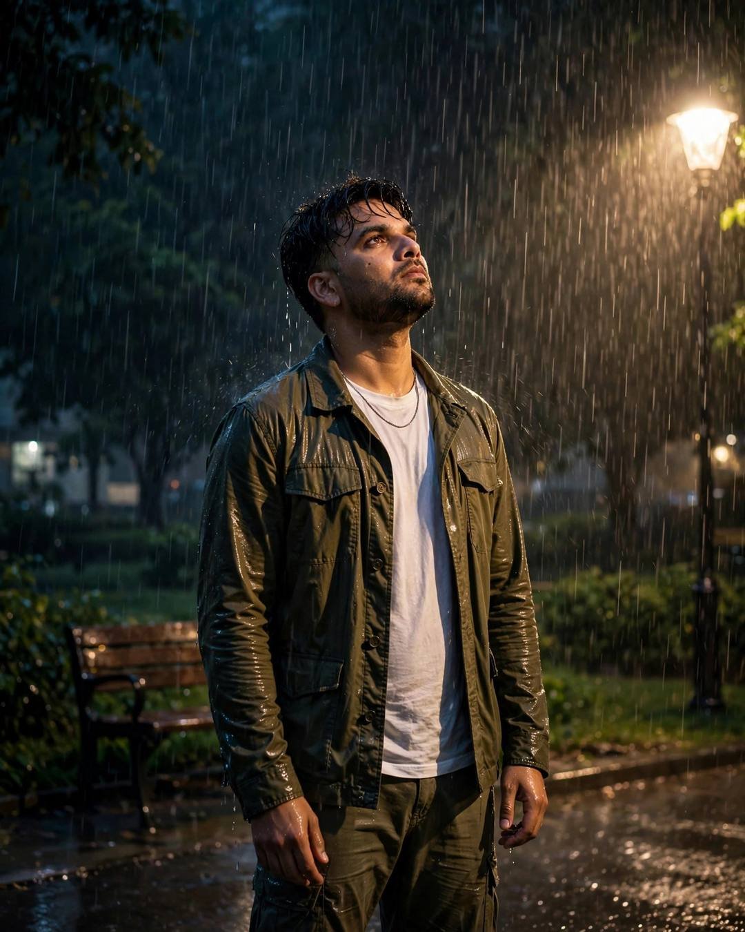 Young man in an olive field jacket with face lifted to the sky in heavy rain under a streetlamp at night