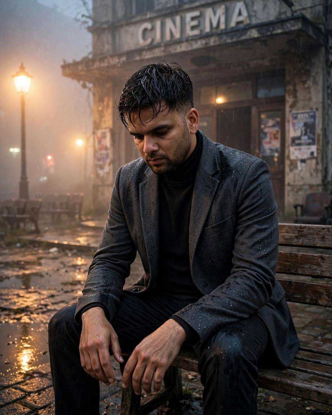 Young Indian man in charcoal blazer and black turtleneck sitting on a bench outside an abandoned cinema hall in foggy rain at night