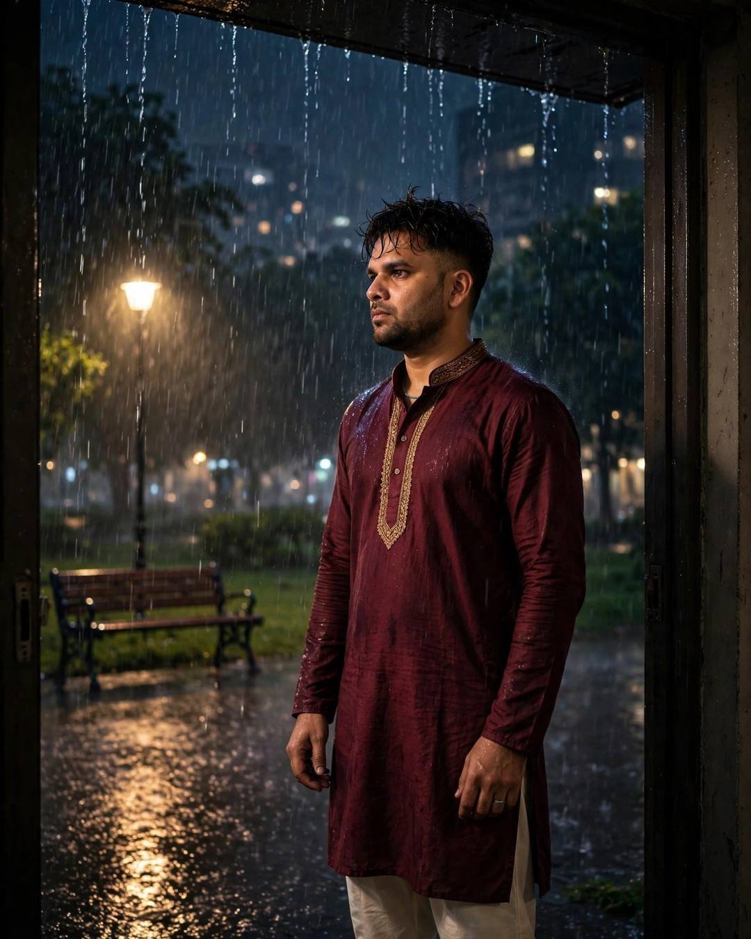 Young Indian man in maroon embroidered kurta standing in a doorway at night, heavy monsoon rain and a lit park bench beyond