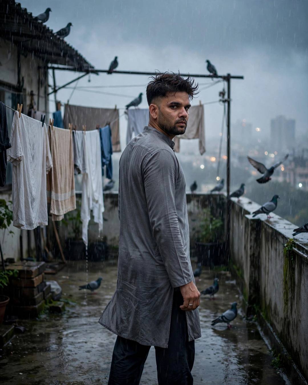 Young Indian man in grey kurta looking back over his shoulder on a rainy terrace with clotheslines and pigeons at dawn