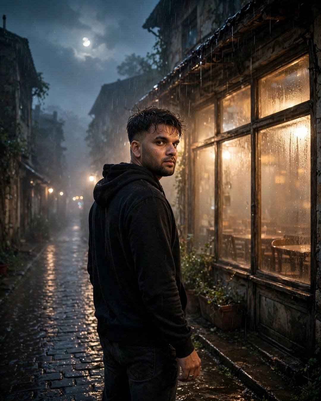 Young Indian man in black hoodie walking past an old café with glowing fogged windows in drizzle at night, looking back