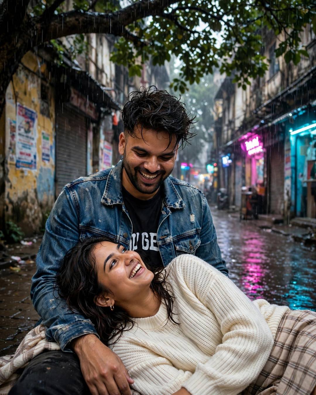 Laughing couple in a rain-wet old-city lane with neon reflections, her head resting in his lap