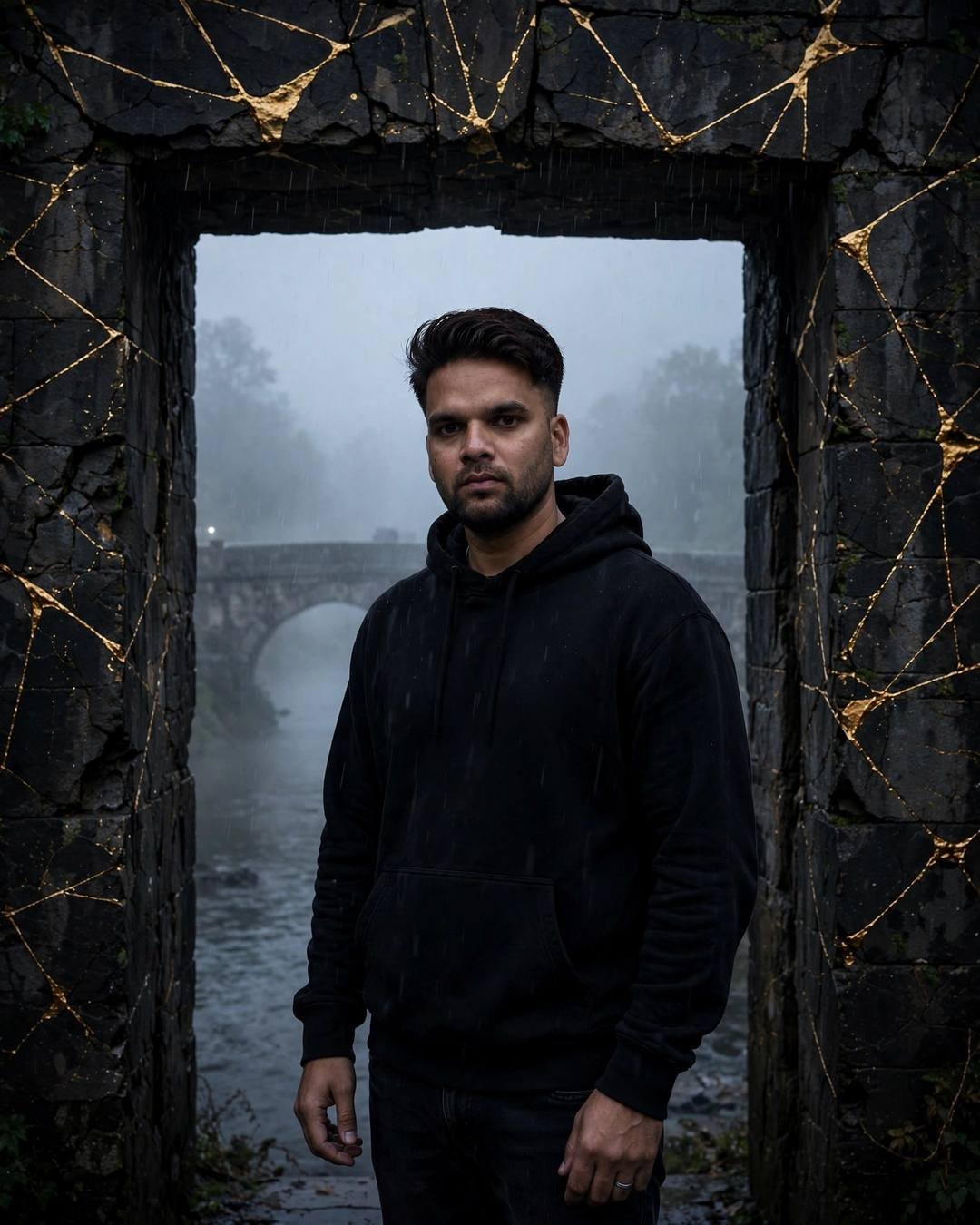 AI portrait of a young Indian man in a black hoodie standing in a stone doorway with golden cracks, misty river and old bridge behind