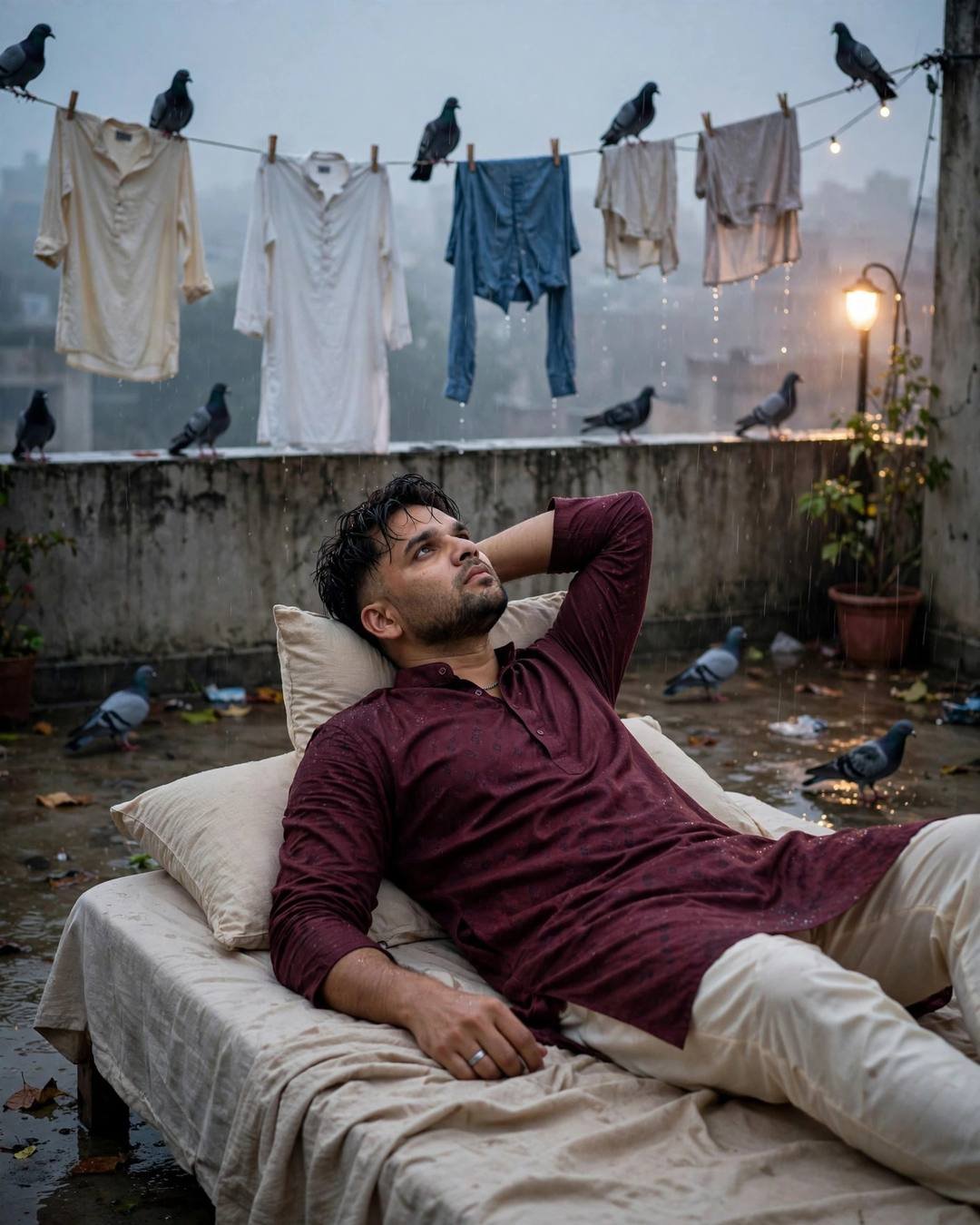 AI-generated cinematic portrait — a shattered photo frame at his feet, 4:5 photography