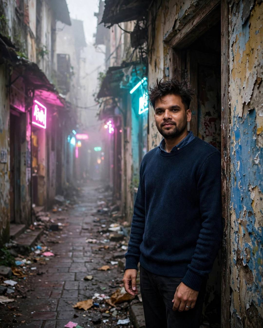 AI-generated cinematic portrait — sitting among scattered gifts he can't return, 4:5 photography