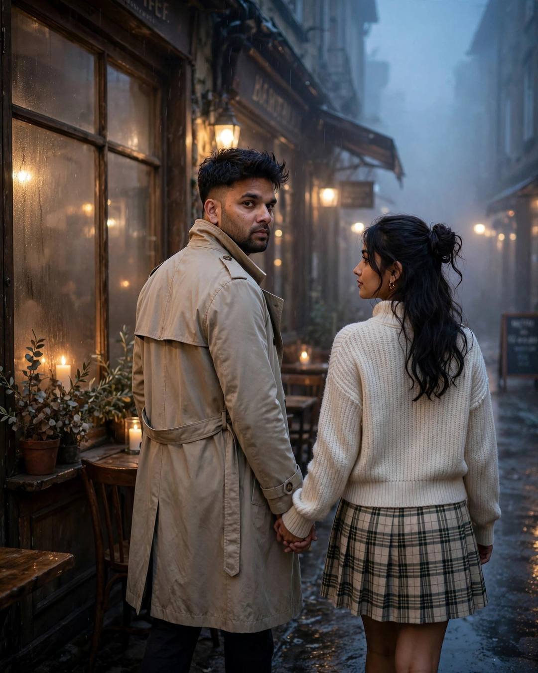 Couple walking hand in hand into fog outside a candlelit cafe at blue hour