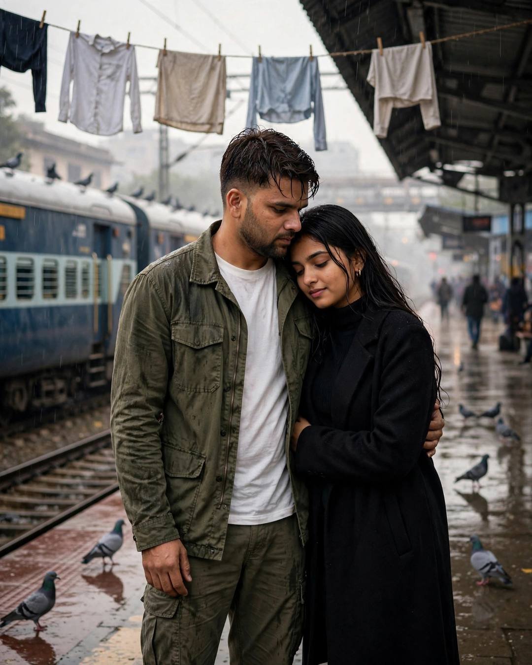 Couple embracing on a railway platform at golden hour with a train waiting