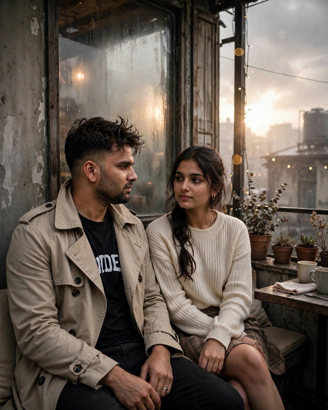 Couple looking at each other at an old cafe by a fogged window