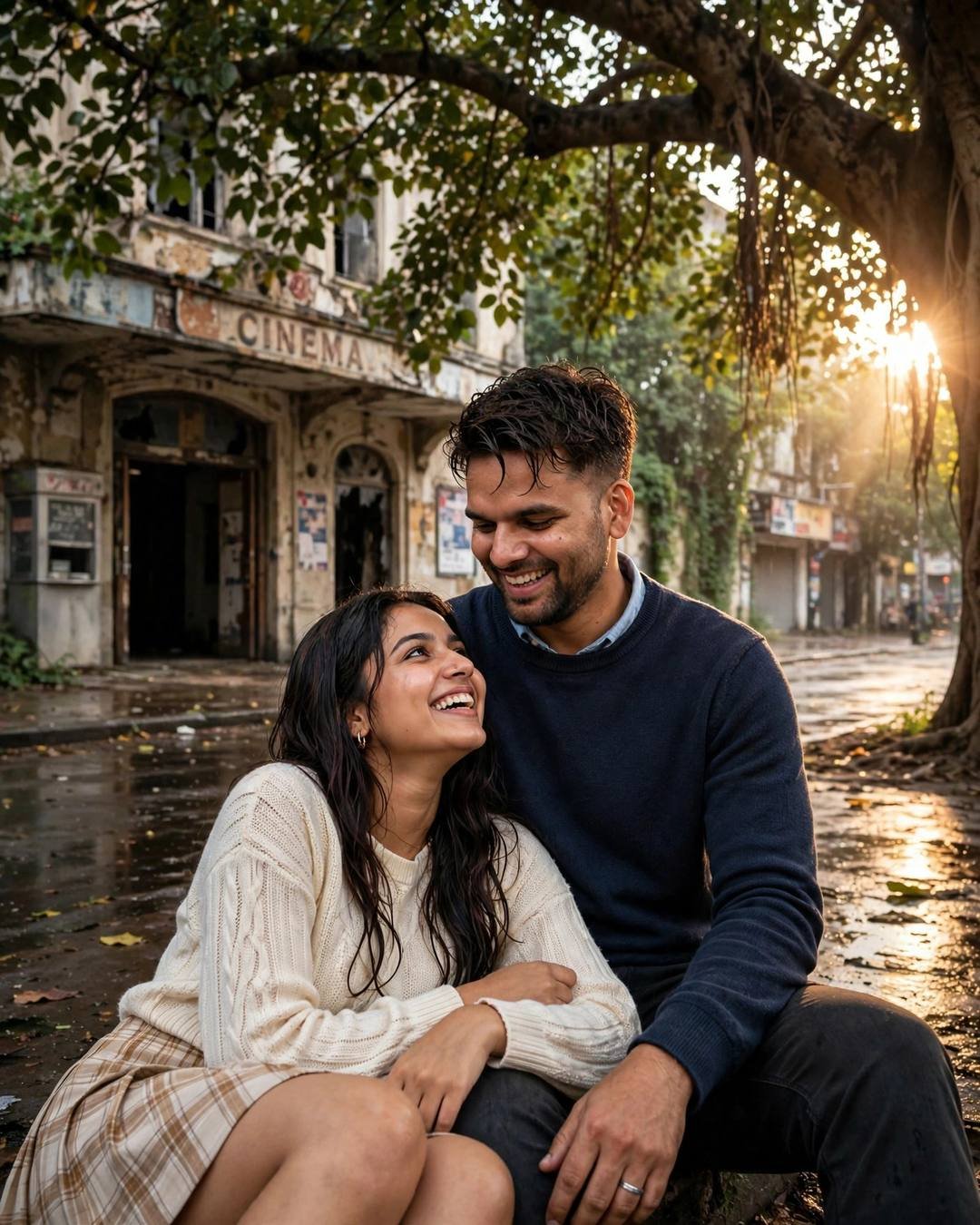Couple laughing under a tree by an abandoned cinema hall at golden hour