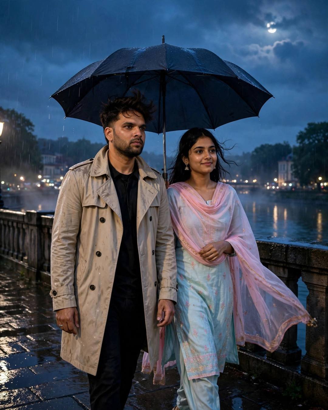 Couple walking under one umbrella on a moonlit bridge over a river