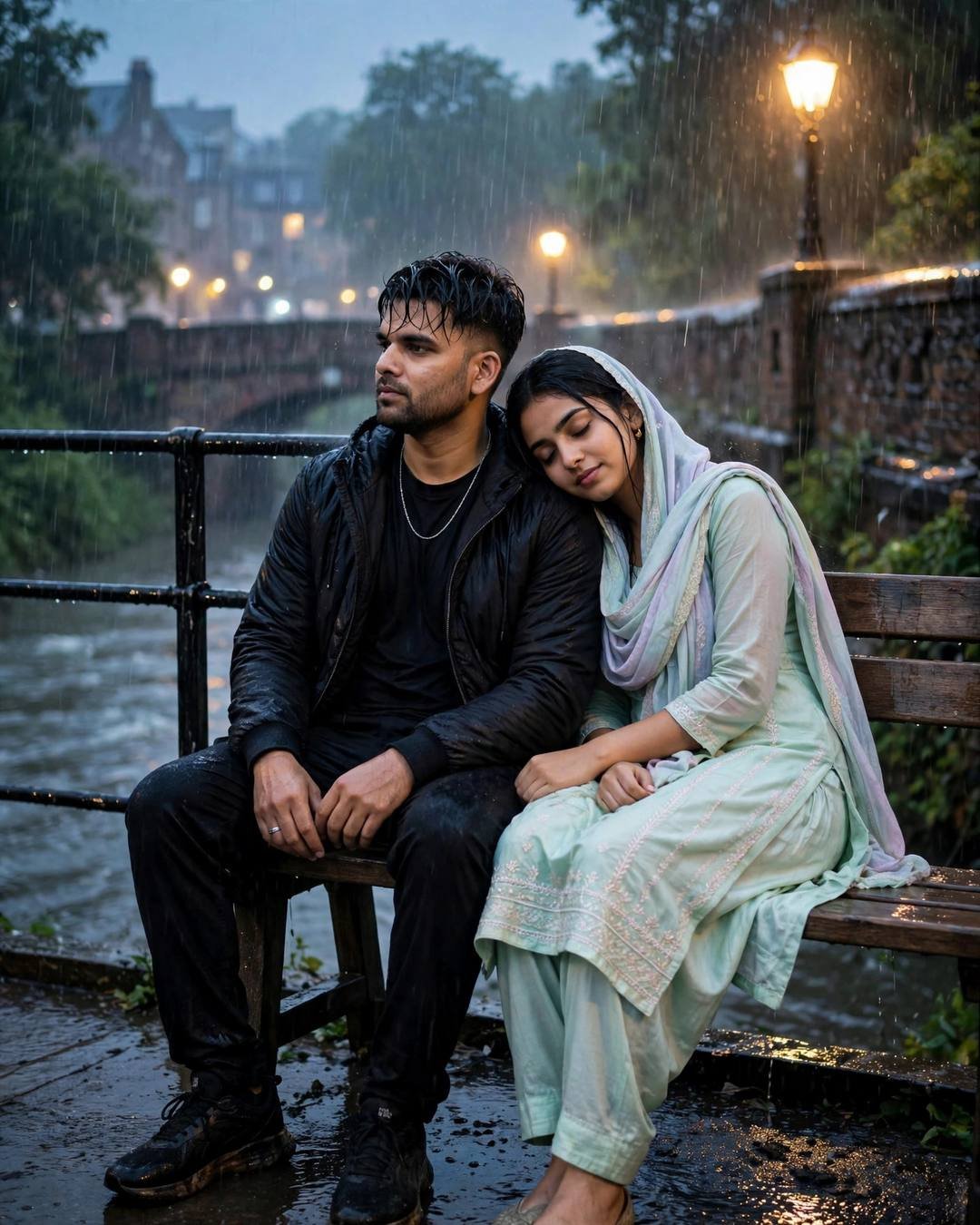 Couple sitting still on a bench in heavy monsoon rain by a river