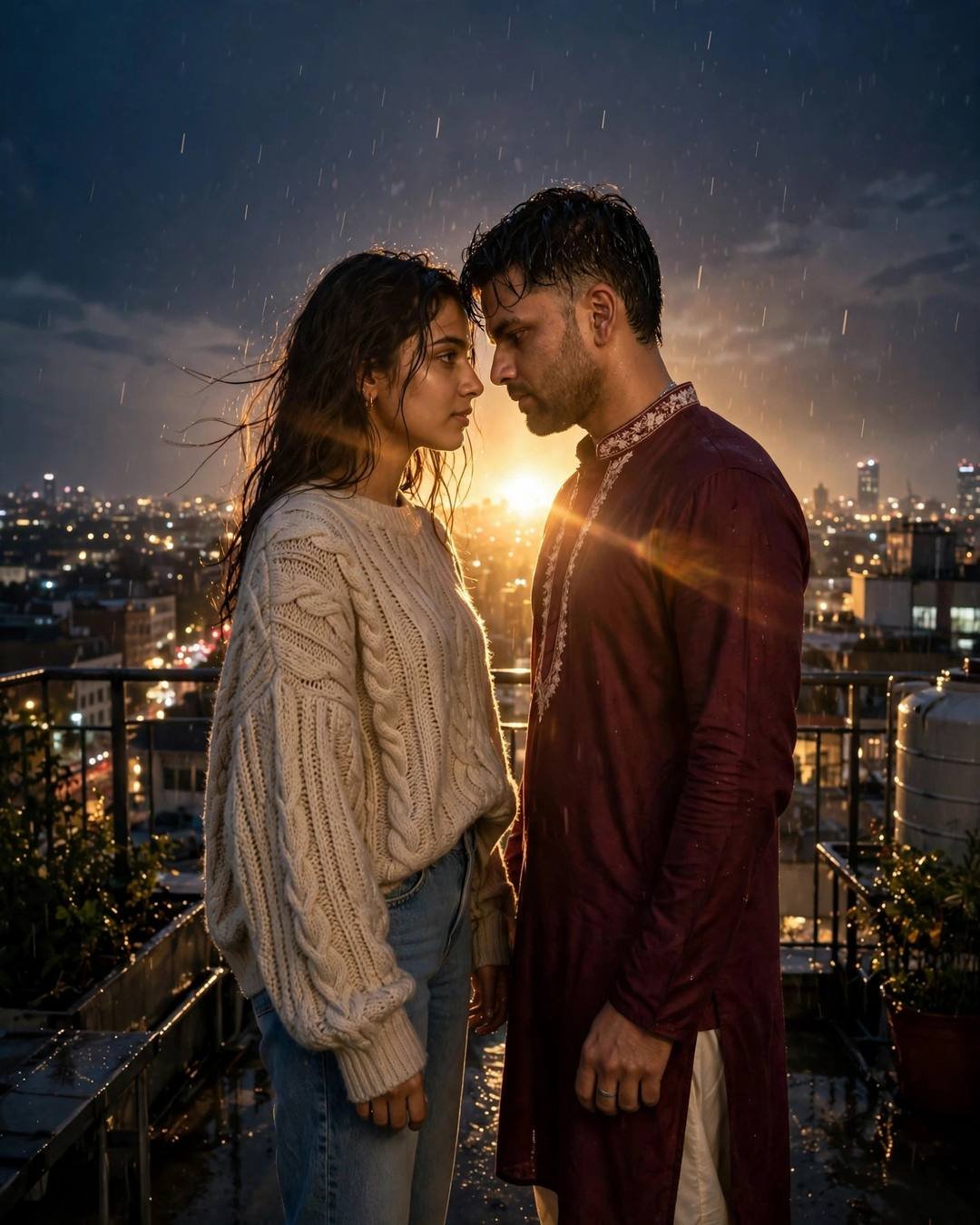 Couple with foreheads almost touching on a rooftop at midnight