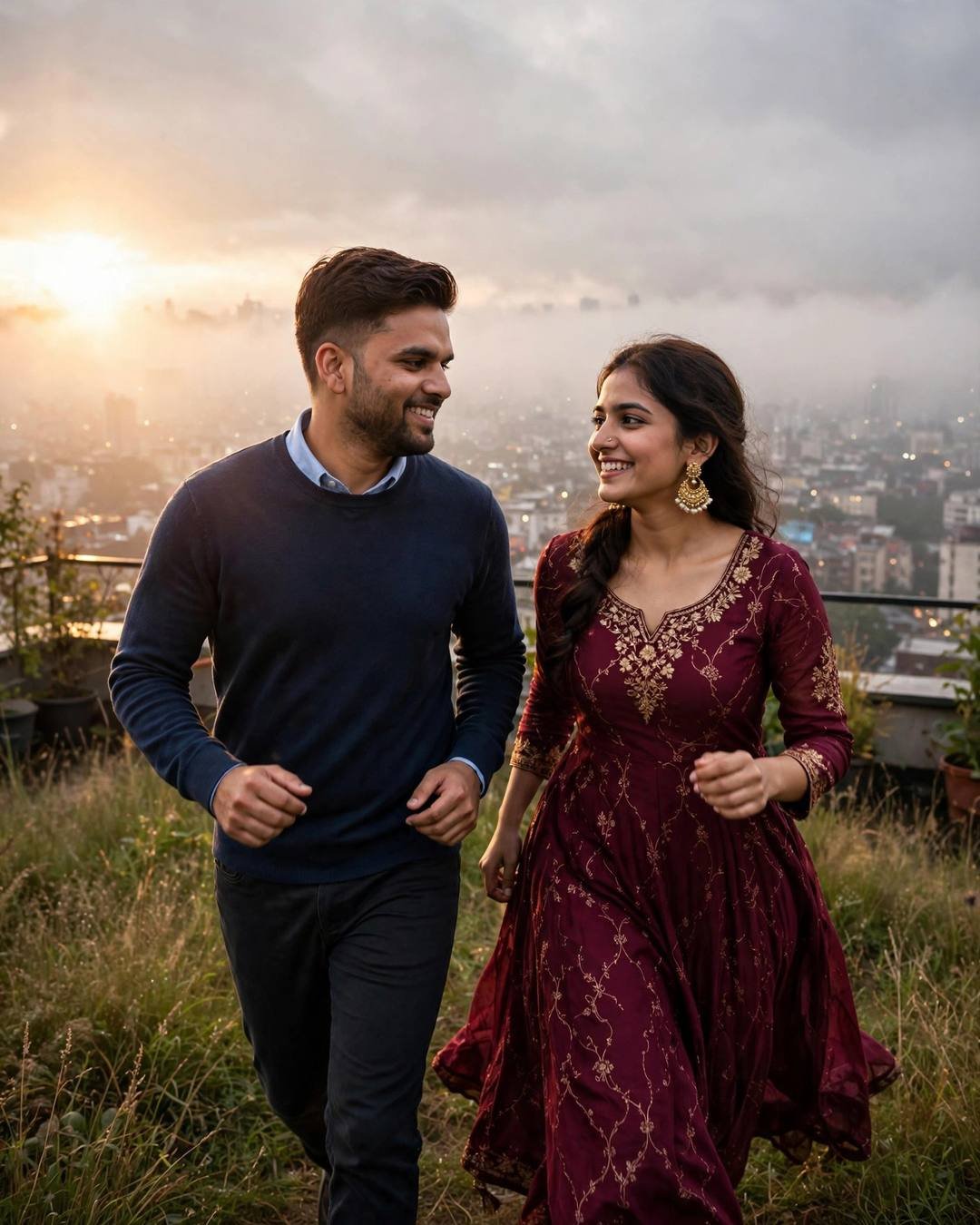 Couple walking toward each other on a hilltop path above a foggy city