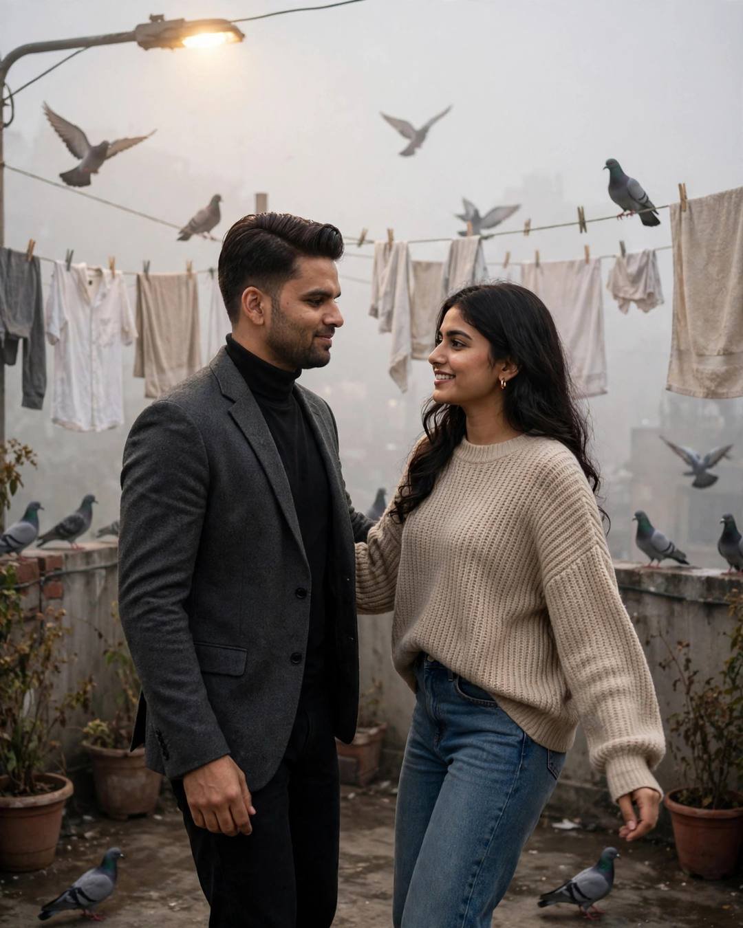 Couple dancing on a foggy rooftop terrace at midnight with pigeons