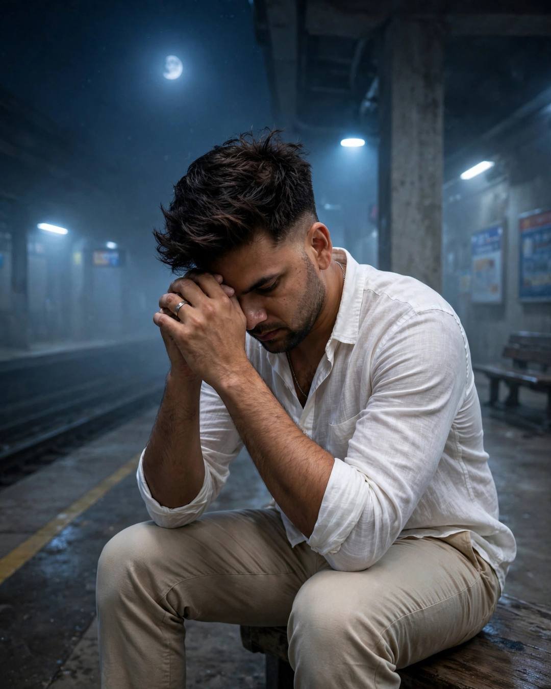 Young Indian man in white linen shirt sitting on a station bench with head in hands at a foggy midnight metro platform under moonlight