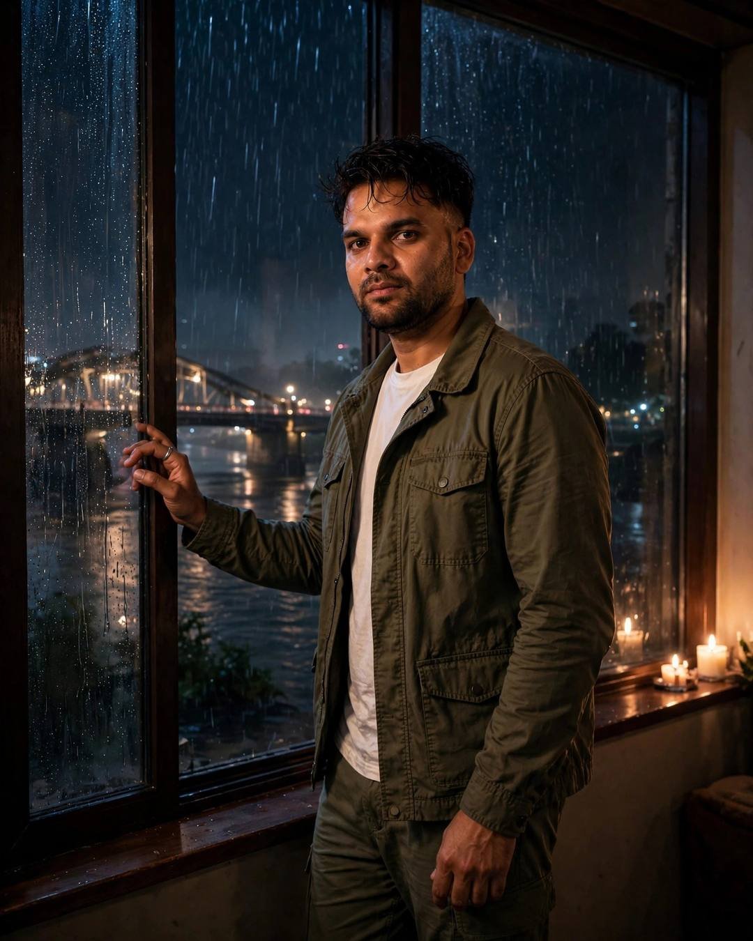 Young Indian man in olive field jacket standing at a rain-streaked window at night, one hand on the glass, candlelight behind him, river bridge beyond