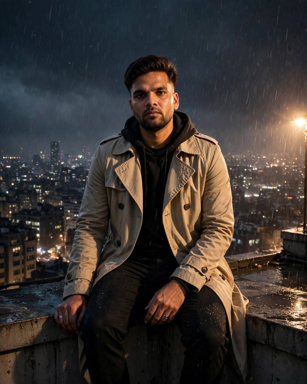 Young Indian man in beige trench coat sitting on a rooftop ledge in light rain at night, city lights glowing below
