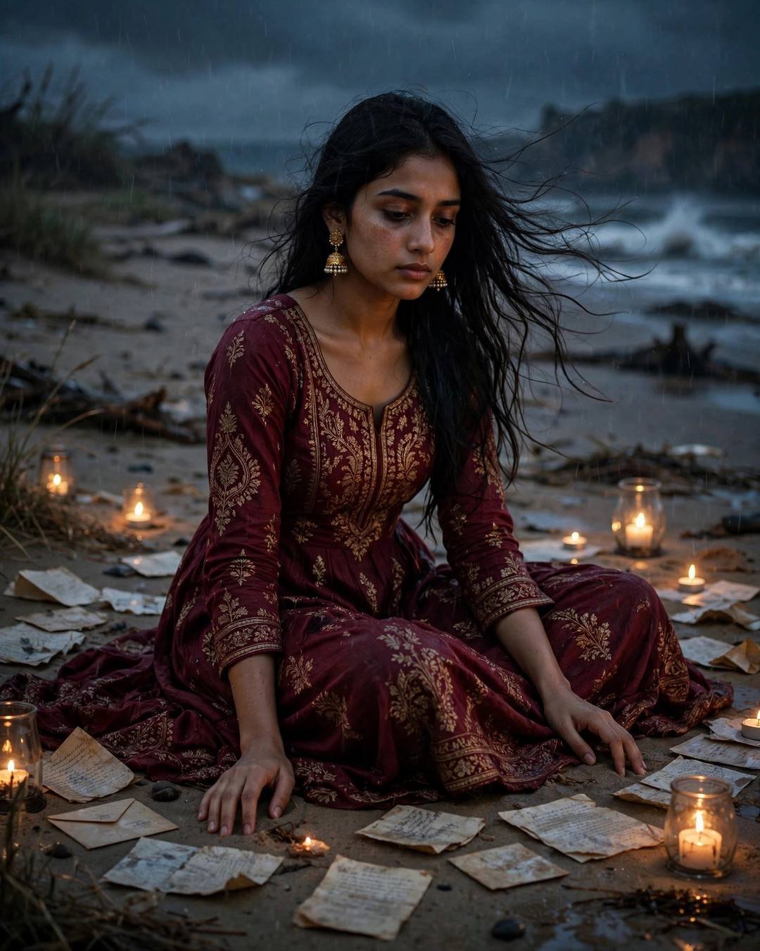Young Indian woman in maroon anarkali with jhumkas sitting on a beach at dusk surrounded by candles and old letters, wind in her hair