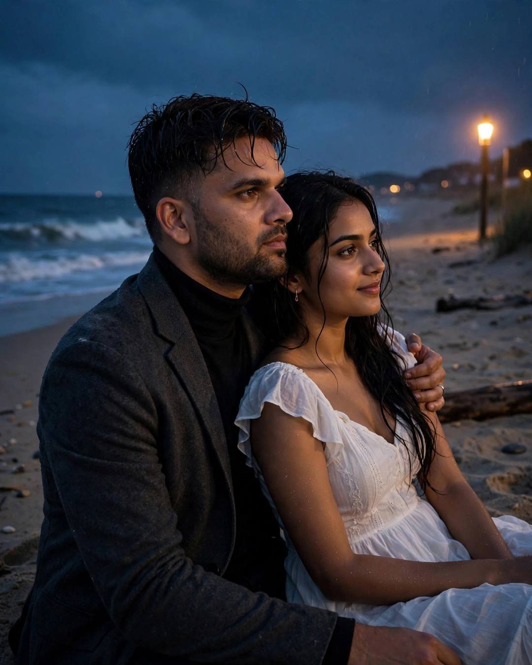 Couple sitting on the sand at a deserted beach at dusk watching the waves, his arm around her, man in charcoal blazer and black turtleneck with wet hair, woman in flowing white summer dress