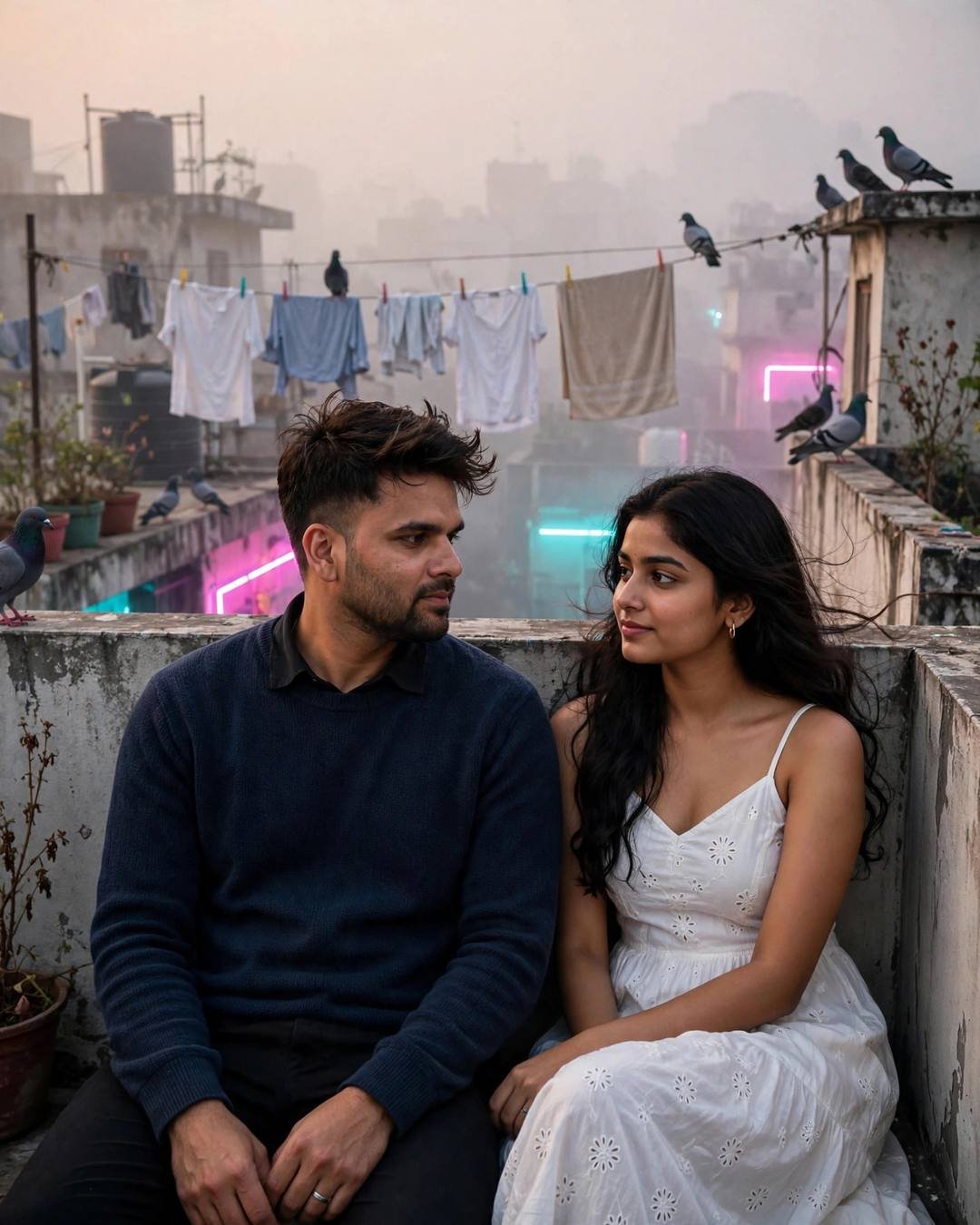AI couple photo — man in navy sweater and woman in flowing white dress sharing a serene final look on a foggy rooftop terrace with pigeons at golden hour