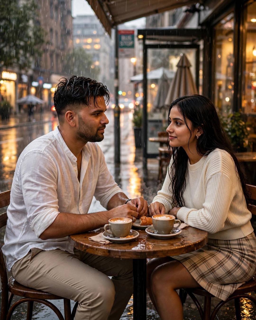AI couple photo — man in white linen shirt and woman in cream knit top and plaid skirt sharing one final roadside chai at a rain-wet table in golden city light
