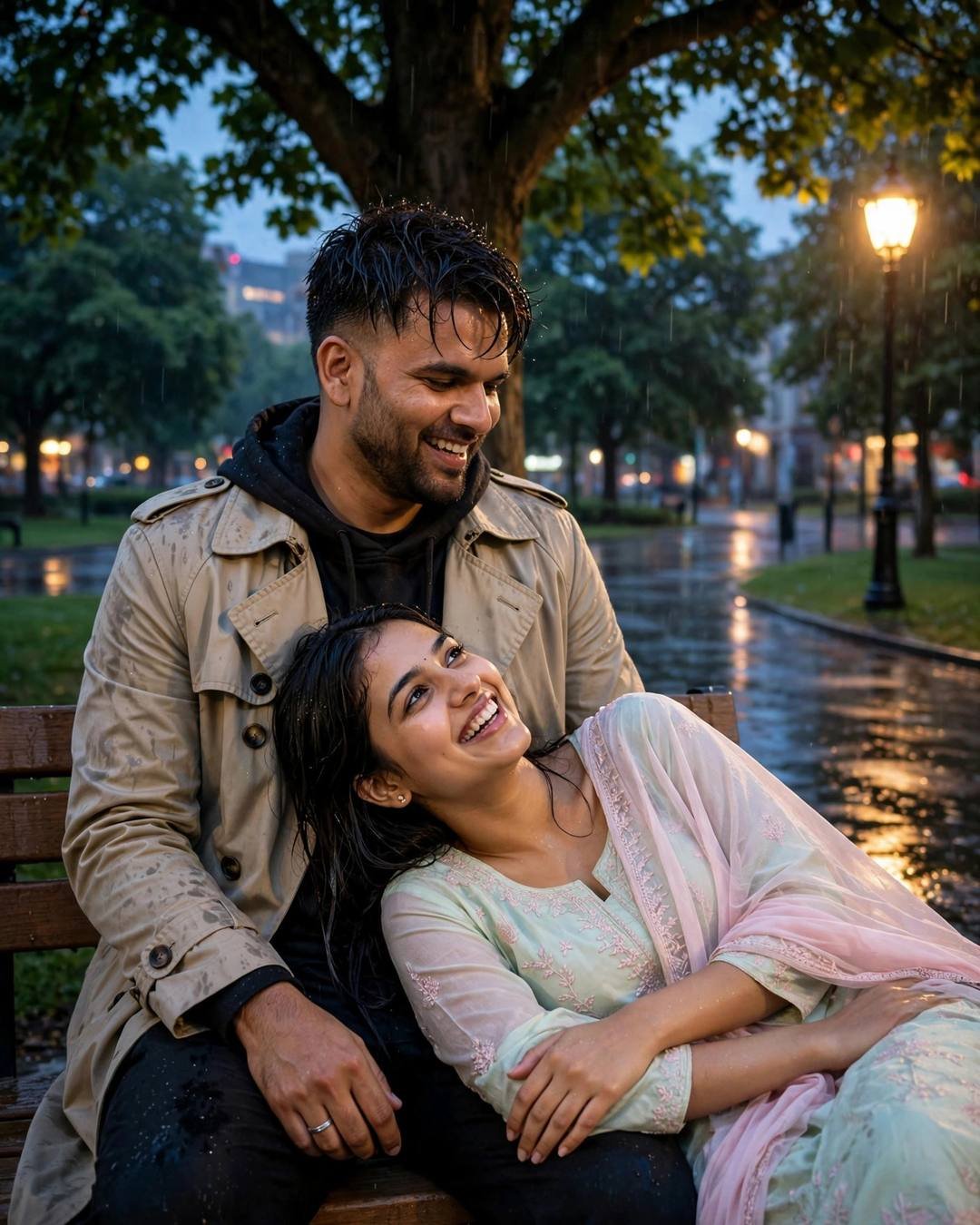 AI couple photo — man in beige trench coat and woman in pastel salwar-kameez with pink dupatta laughing together on a rain-wet park bench at blue hour