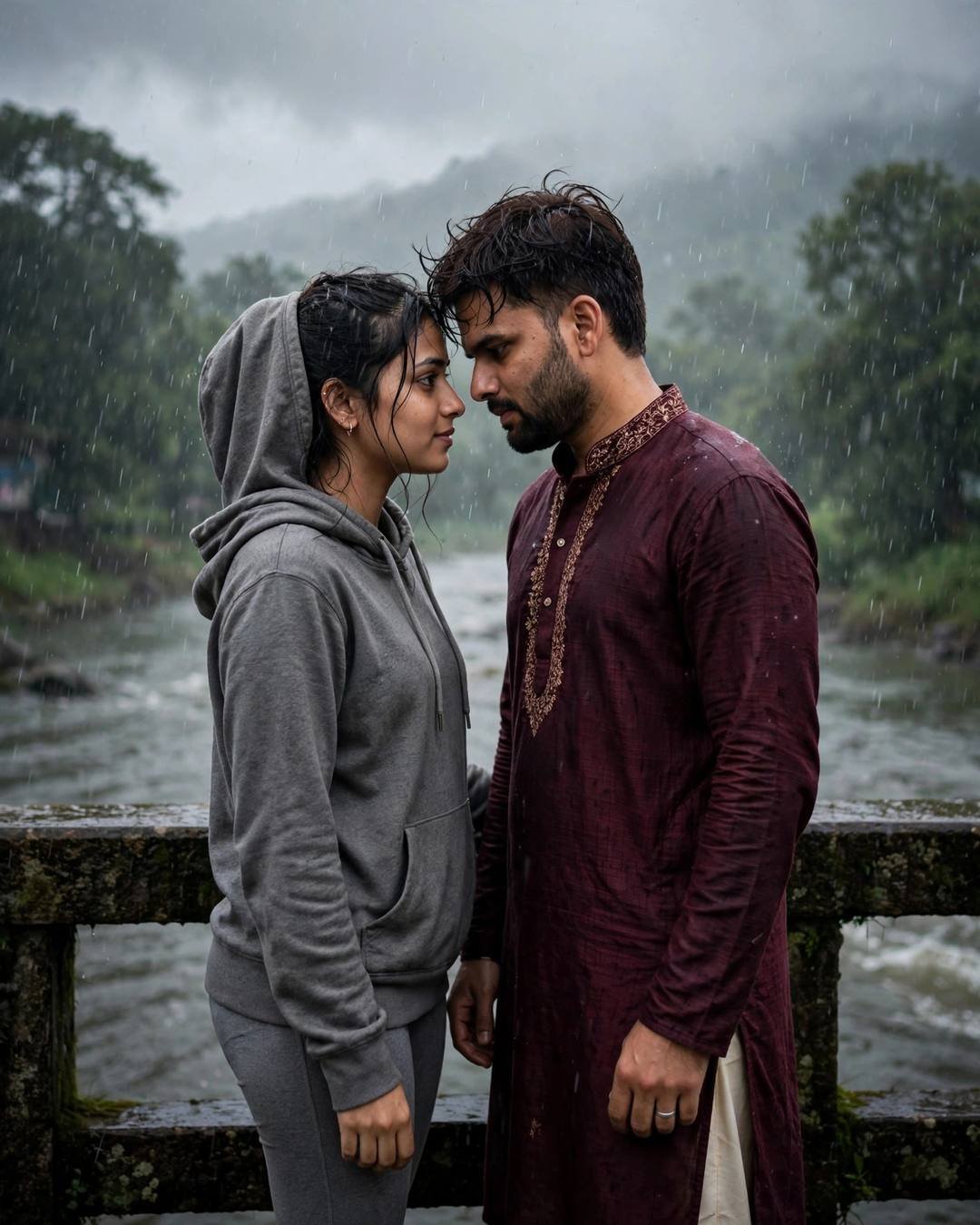 AI couple photo — man in maroon kurta and woman in grey hoodie standing face to face with foreheads nearly touching on a rain-wet bridge over a river