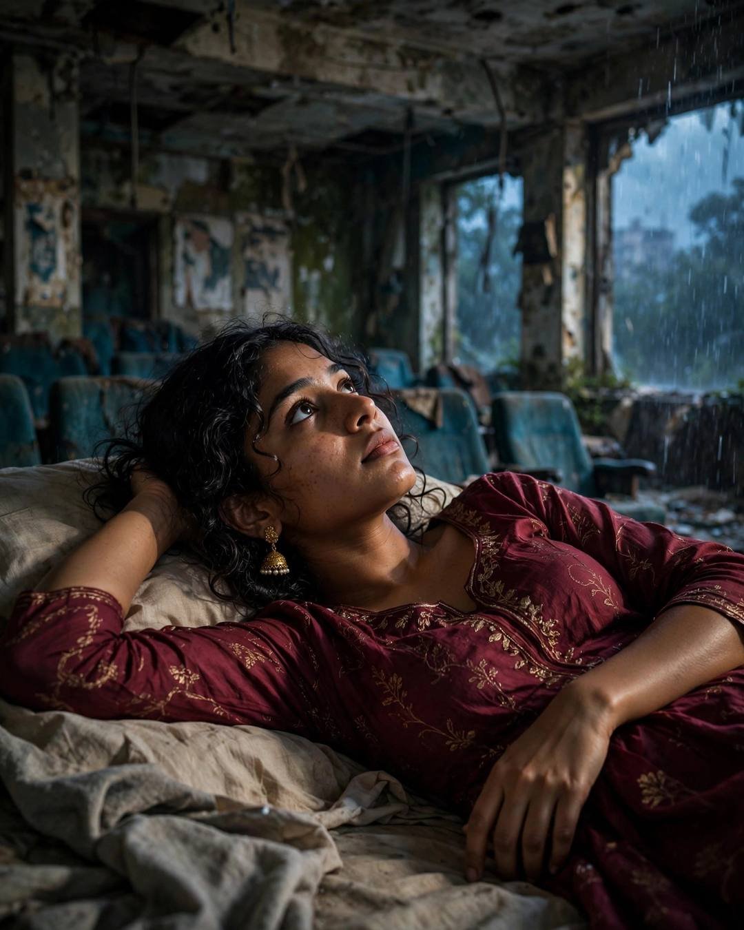 Young Indian woman in maroon anarkali with jhumkas reclining on a mattress in an abandoned rain-soaked cinema hall